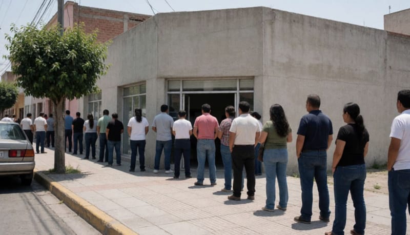 Personas de espaldas formadas en la banqueta afuera de una sucursal bancaria en un día soleado