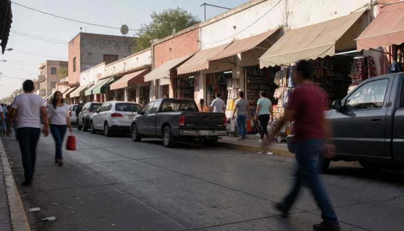 Transeúntes caminando por una avenida comercial del norte de México con pequeños negocios a los costados