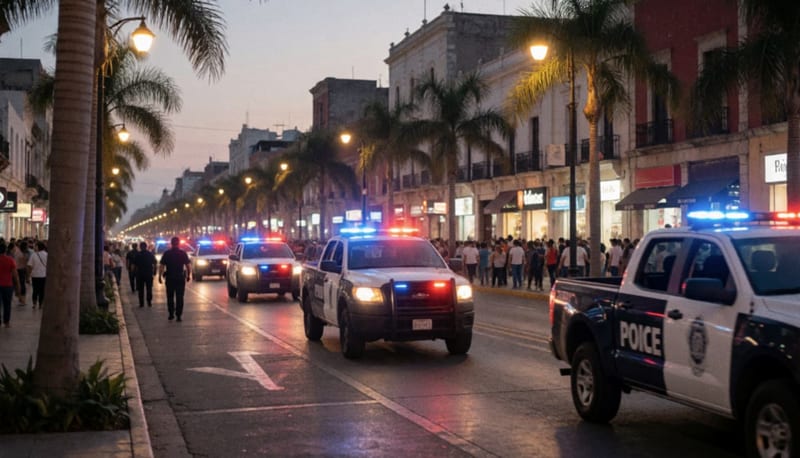 Camionetas policiales con luces rojas y azules recorren una avenida comercial al anochecer mientras peatones caminan por la banqueta