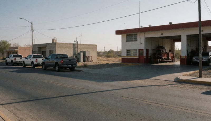 Fachada de la estación de bomberos de Camargo con espacios de estacionamiento y acceso principal visible