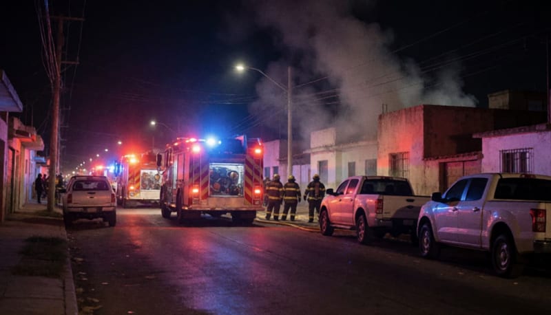 Unidades de bomberos con luces de emergencia activadas en una calle residencial durante intervención nocturna