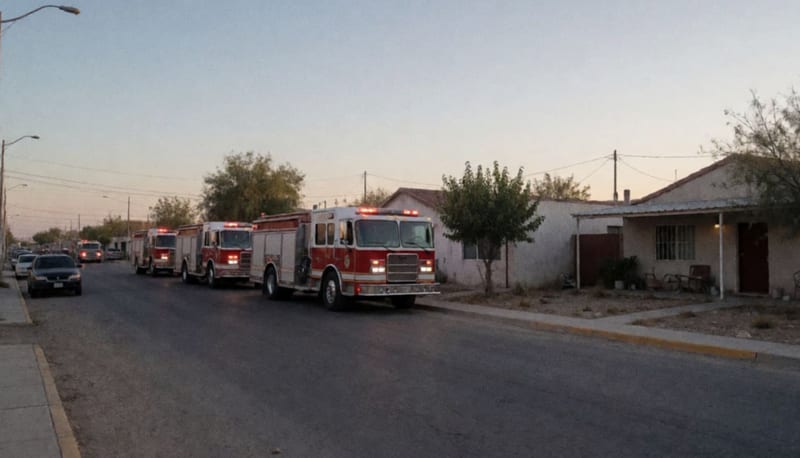Unidades de Bomberos estacionadas en una calle residencial de Delicias al atardecer
