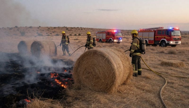 Bomberos combatiendo incendio en pacas de alfalfa en zona rural de Delicias durante la madrugada