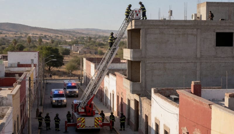 Bomberos descendiendo a un menor desde la azotea de un edificio en construcción con escalera telescópica