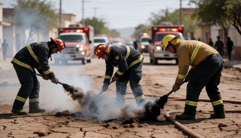 Bomberos trabajando sobre grietas en el terreno que despiden humo en una colonia de Camargo
