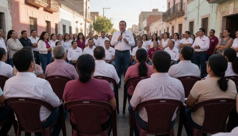 Funcionario municipal hablando ante asistentes en un acto político en una plaza o salón de reuniones