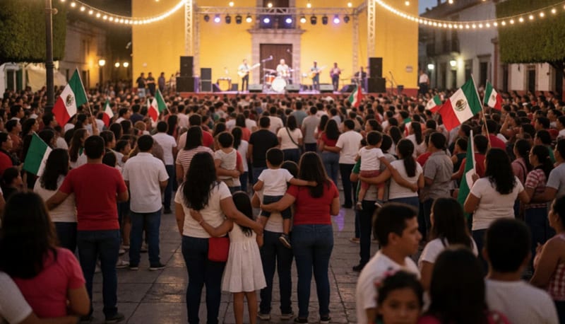 Multitud de personas congregadas en una plaza al atardecer con iluminación festiva y banderas mexicanas
