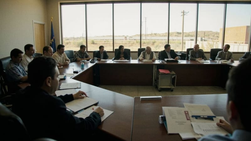 Autoridades y operadores de agua en reunión de trabajo alrededor de una mesa de conferencias
