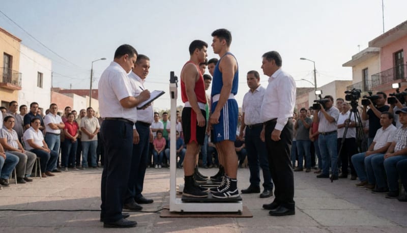 Boxeadores en la báscula oficial durante la ceremonia de pesaje en la explanada de un pueblo norteño