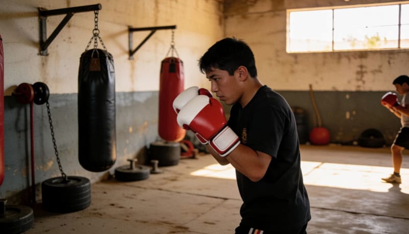 Joven boxeador en posición de entrenamiento dentro de un gimnasio con bolsas de punching al fondo