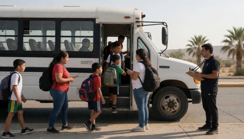 Niños futbolistas y familias abordando un autobús municipal para trasladarse a una competencia deportiva