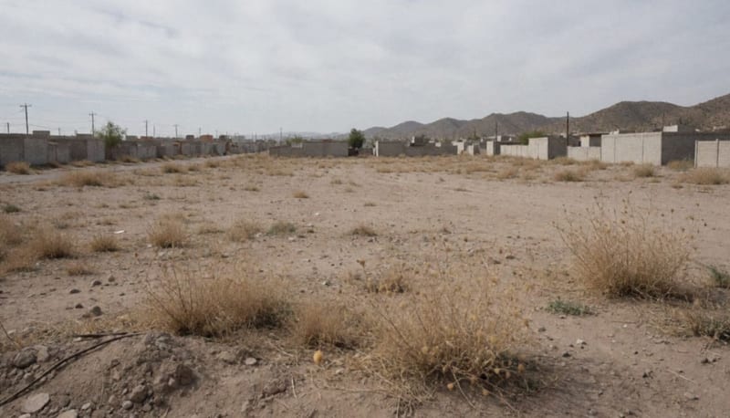 Terreno baldío polvoriento junto a casas bajas en la orilla de la ciudad, con cerros al fondo