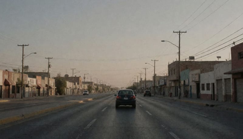 Avenida amplia de ciudad fronteriza al atardecer con un auto compacto oscuro alejándose de la cámara
