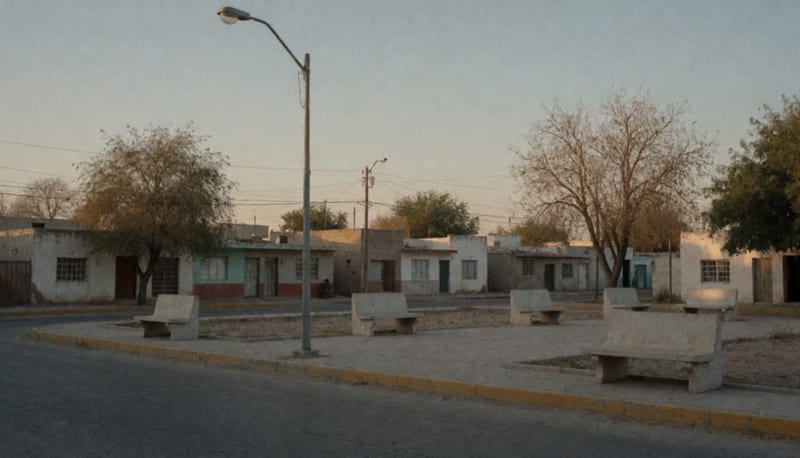 Plaza vecinal vacía con bancas de concreto y casas de un piso al atardecer en Delicias