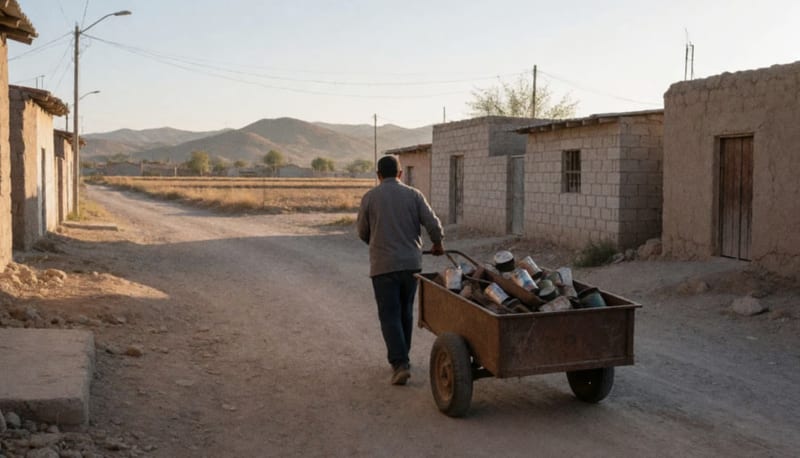 Hombre visto de espaldas empujando un carrito con latas y chatarra por una calle de terracería en un pueblo del norte