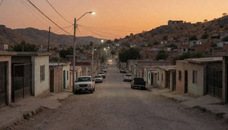 Calle residencial vacía en una colonia de ladera al atardecer, con casas sencillas, camionetas estacionadas y cerros áridos al fondo