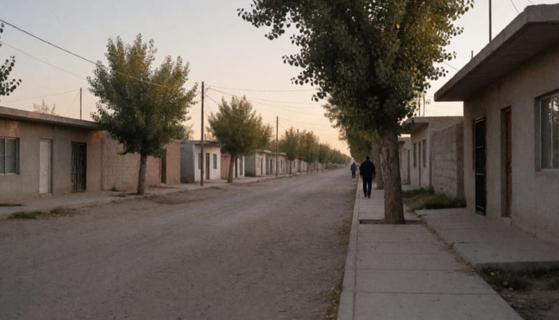 Calle residencial tranquila de un pueblo agrícola al atardecer, con casas bajas y una persona lejana caminando de espaldas
