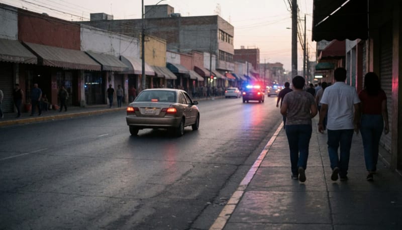 Avenida urbana al anochecer con un auto alejándose y luces rojas y azules reflejadas en el pavimento a lo lejos