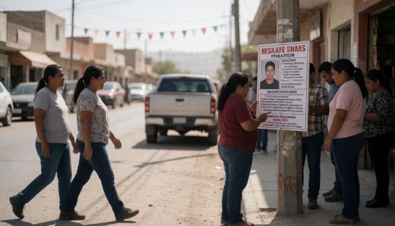 Cartel de búsqueda de persona desaparecida expuesto en una calle de la región de Delicias
