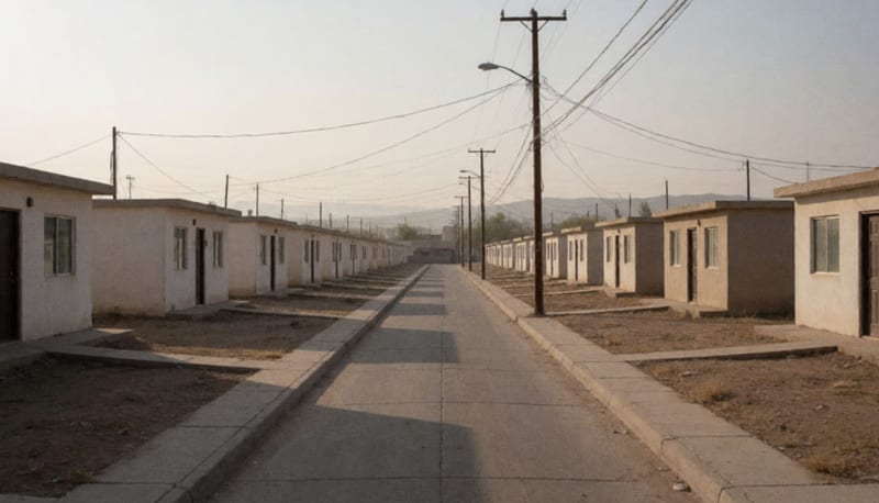 Calle de un fraccionamiento de casas pequeñas iguales, con postes de luz y cerros al fondo