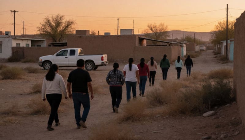 Grupo de personas vistas de espaldas caminan por un terreno de maleza seca al atardecer en las afueras de un pueblo del norte de México