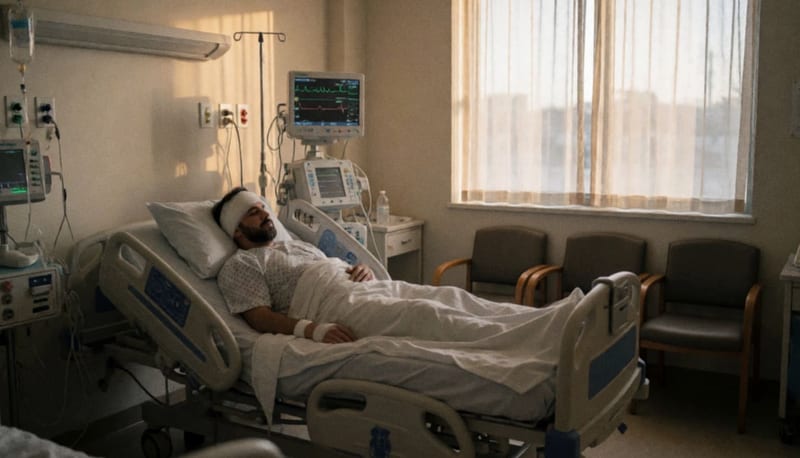 Hombre lesionado reposando en una cama de hospital con equipo médico a su alrededor