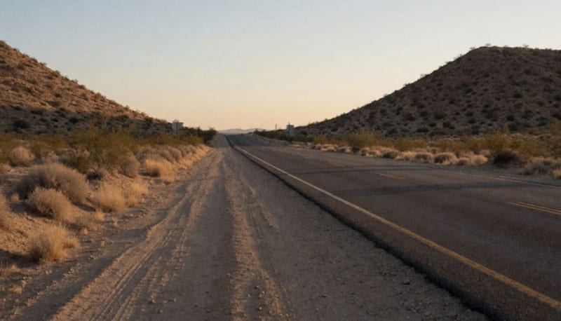 Tramo de carretera desértica entre Camargo y Boquilla al atardecer con colinas áridas al fondo