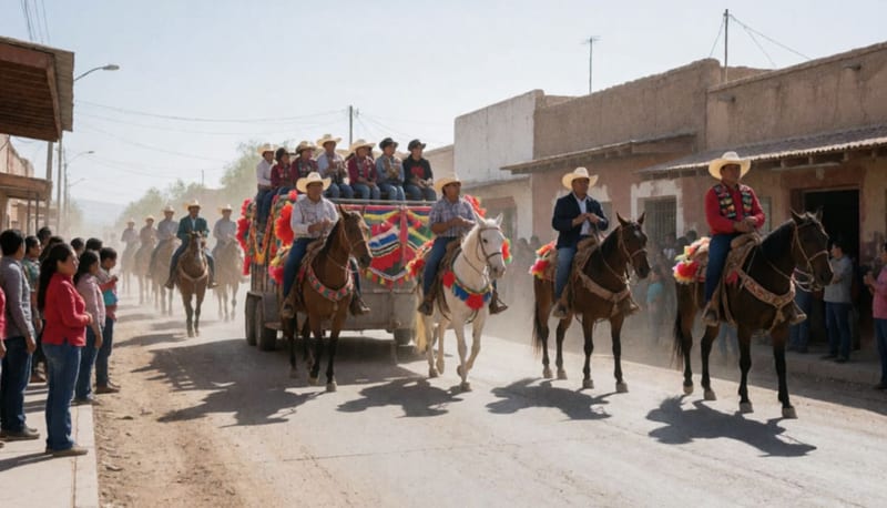 Decenas de jinetes cabalgando por una calle principal mientras familias los observan desde las aceras en Camargo