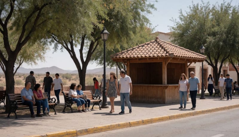 Visitantes caminan por una plaza soleada con árboles y bancas, junto a una pequeña estructura de madera con techo de teja