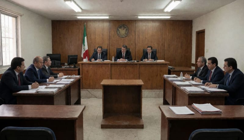 Sala de un tribunal con mesas de trabajo, documentos y mobiliario judicial en una ciudad del norte de México