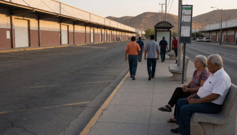 Trabajadores caminan de espaldas hacia una parada de autobús junto a bodegas industriales, con una pareja de ancianos sentada en una banca