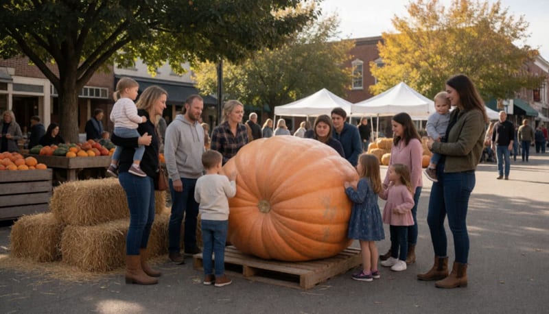 Familias reunidas alrededor de una enorme calabaza naranja sobre una tarima de madera en una plaza al aire libre