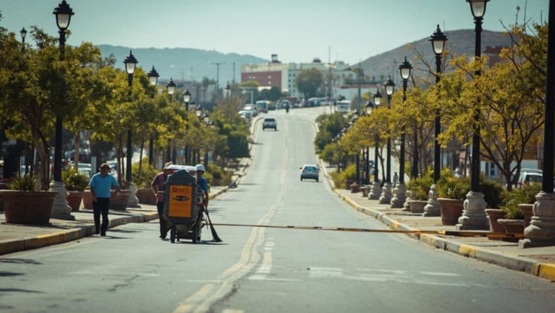 Trabajadores municipales realizando labores de mantenimiento y limpieza en una avenida de Parral