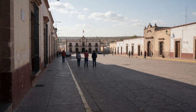 Plaza municipal de un pueblo del norte de México con edificios coloniales alrededor y personas en el espacio abierto