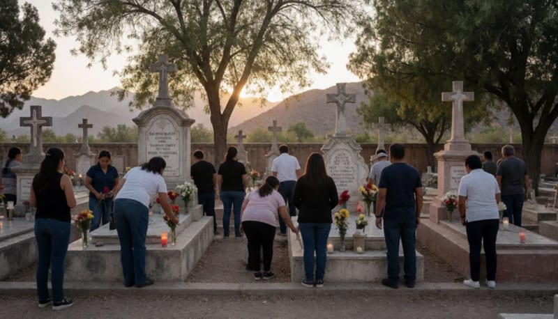 Visitantes en un panteón al atardecer colocando flores y velas sobre las tumbas durante festividades
