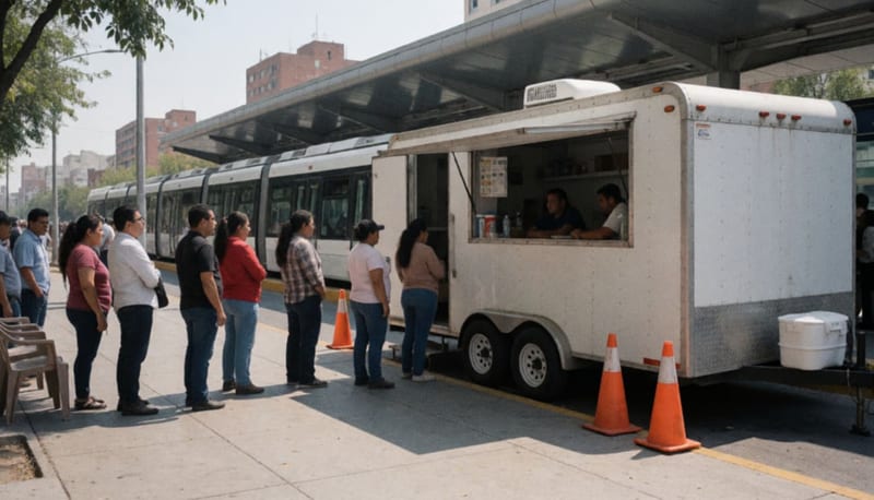 Personas formadas en una banqueta soleada junto a una estación de autobuses y un remolque móvil con toldo estacionado en la orilla