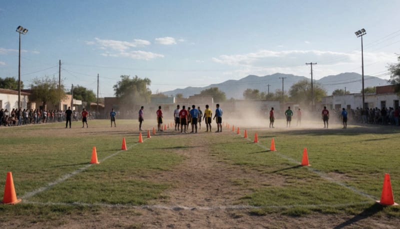 Jugadores de tochito bandera en dos campos de juego del municipio, con equipos descansando entre encuentros al atardecer