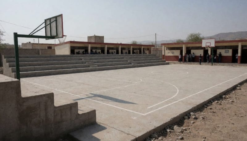 Cancha deportiva recién construida en una escuela secundaria del norte de México con edificios escolares al fondo