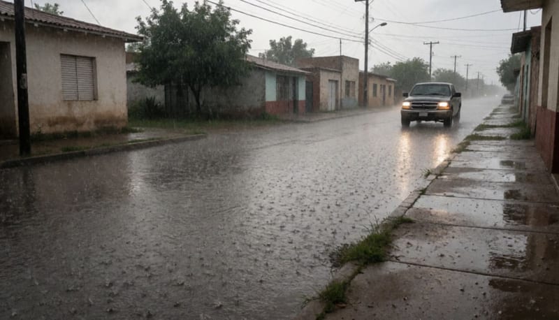 Calle mojada durante lluvia intensa en un municipio del norte de Chihuahua con agua acumulada