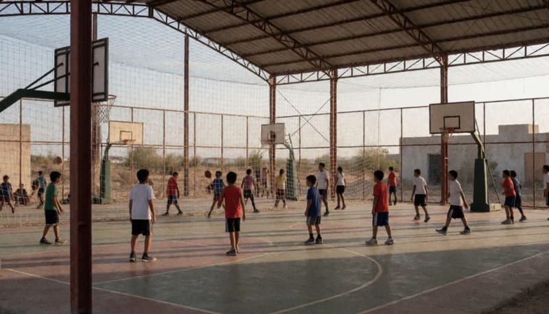 Jóvenes jugadores de básquetbol en una cancha deportiva durante entrenamientos o competencias en Camargo