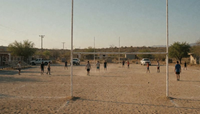 Campo de tochito en un municipio de Chihuahua con jugadores durante una práctica al atardecer