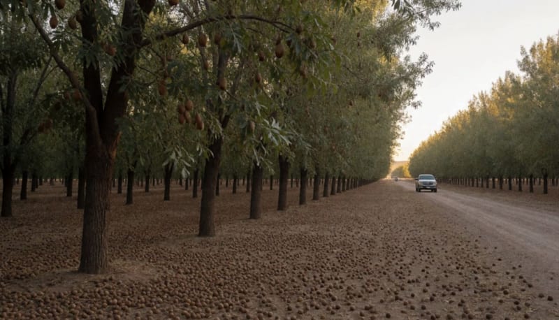 Huerto de nogales con una camioneta a lo lejos en un camino de terracería