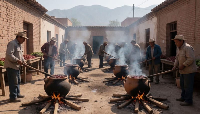 Pots con chile ahumándose en hornos tradicionales de barro en un patio rural