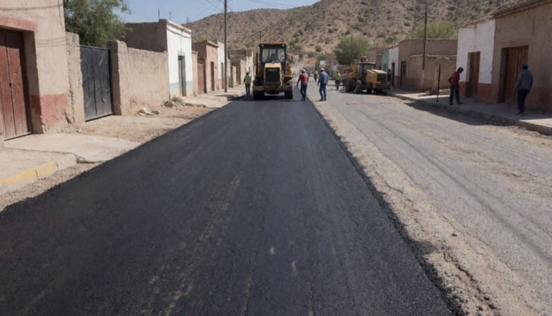 Calle pavimentada recientemente en Camargo con maquinaria de construcción al fondo