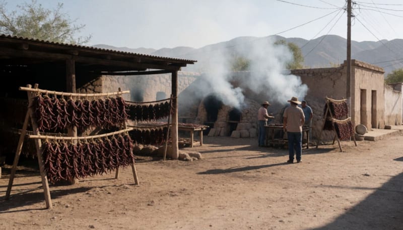 Instalación agrícola con chiles secos en perchas y humo emanando de hornos tradicionales al atardecer
