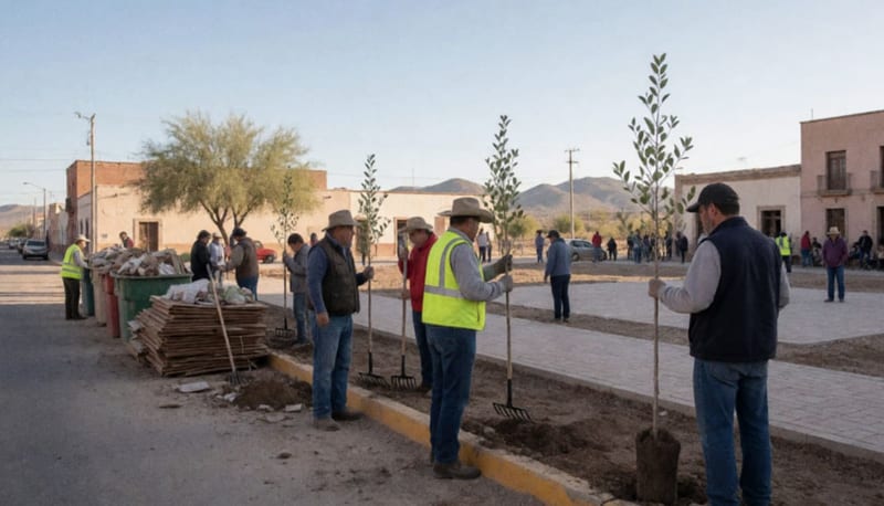 Trabajadores municipales y voluntarios preparando tierra para plantar árboles jóvenes en plaza pública de Camargo