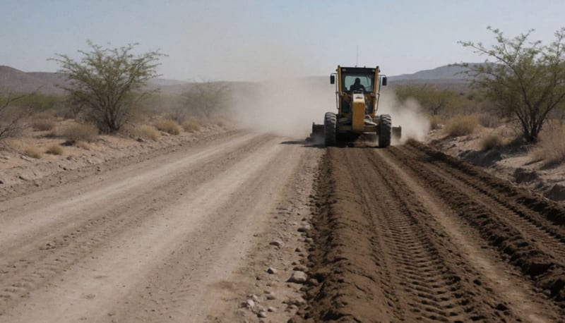Maquinaria de construcción trabajando en un camino de terracería rodeado de paisaje desértico