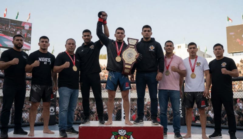 Peleador de MMA sobre el podio de campeones en una competencia internacional, levantando el brazo en señal de victoria