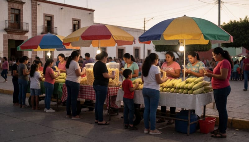 Familias disfrutando de comida típica mexicana en una plaza municipal al atardecer