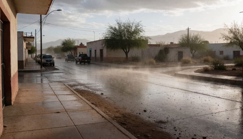 Calles mojadas de un municipio del norte con nubes bajas y lluvia ligera al atardecer